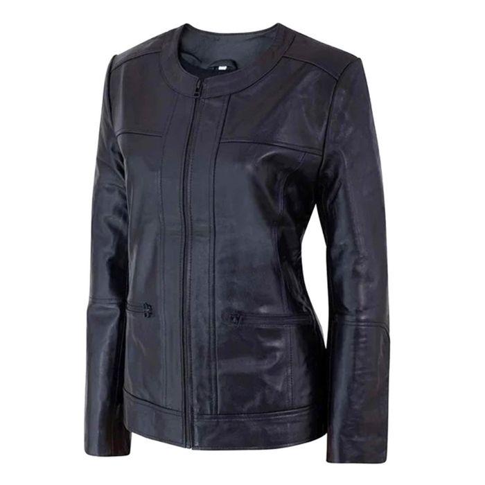 Women's Café Racer Zip-Front Leather Jacket, Collarless Design | Black The Stitch Fit