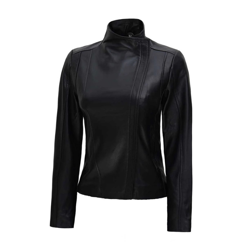 Womens Café Racer High Neck Fitted Leather Jacket | Black The Stitch Fit