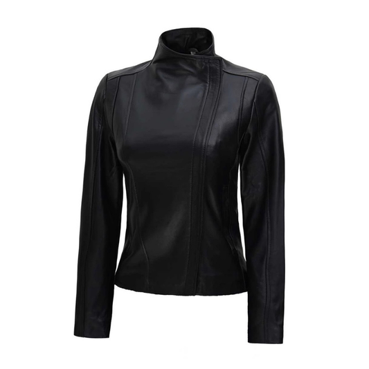 Womens Café Racer High Neck Fitted Leather Jacket | Black