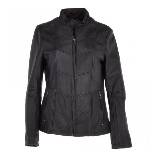 Women's Biker Style Leather Jacket With Zip Front & Stand Collar | Black