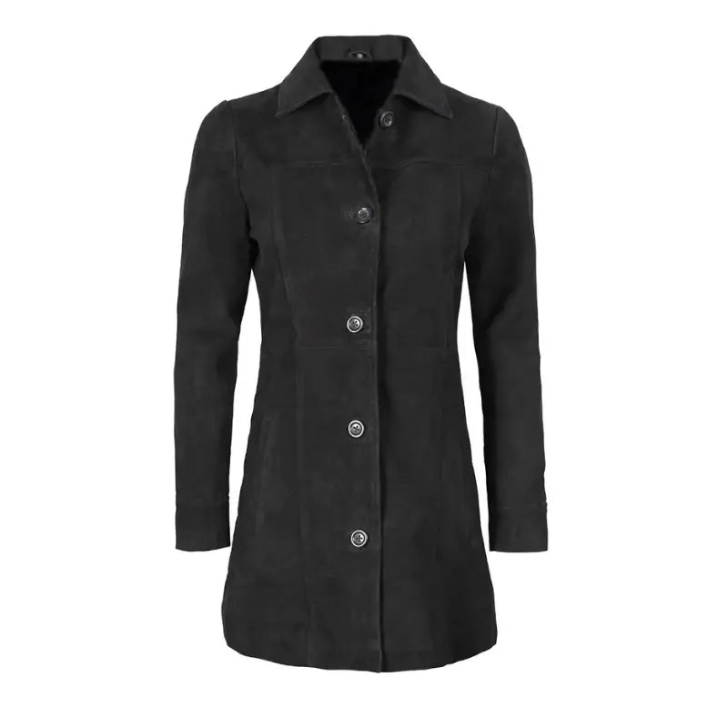 Women's Suede Leather Trench Coat Front Button | Black The Stitch Fit