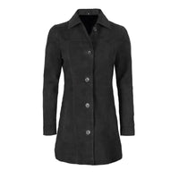 Women's Suede Leather Trench Coat Front Button | Black The Stitch Fit