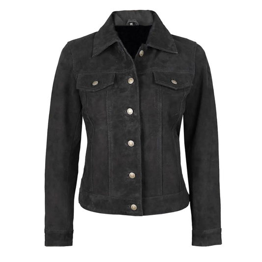 Women's Suede Trucker Leather Jacket | Black