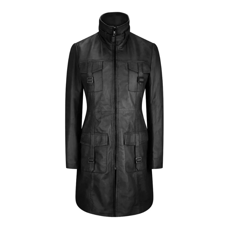 Women's Long Leather Coat, High Neck, Multiple Pockets, Full Zip Front | Black