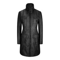 Women's Long Leather Coat, High Neck, Multiple Pockets, Full Zip Front | Black The Stitch Fit