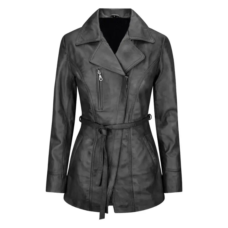 Women's Belted Leather Jacket, Long Sleeve, Zip Front | Black The Stitch Fit