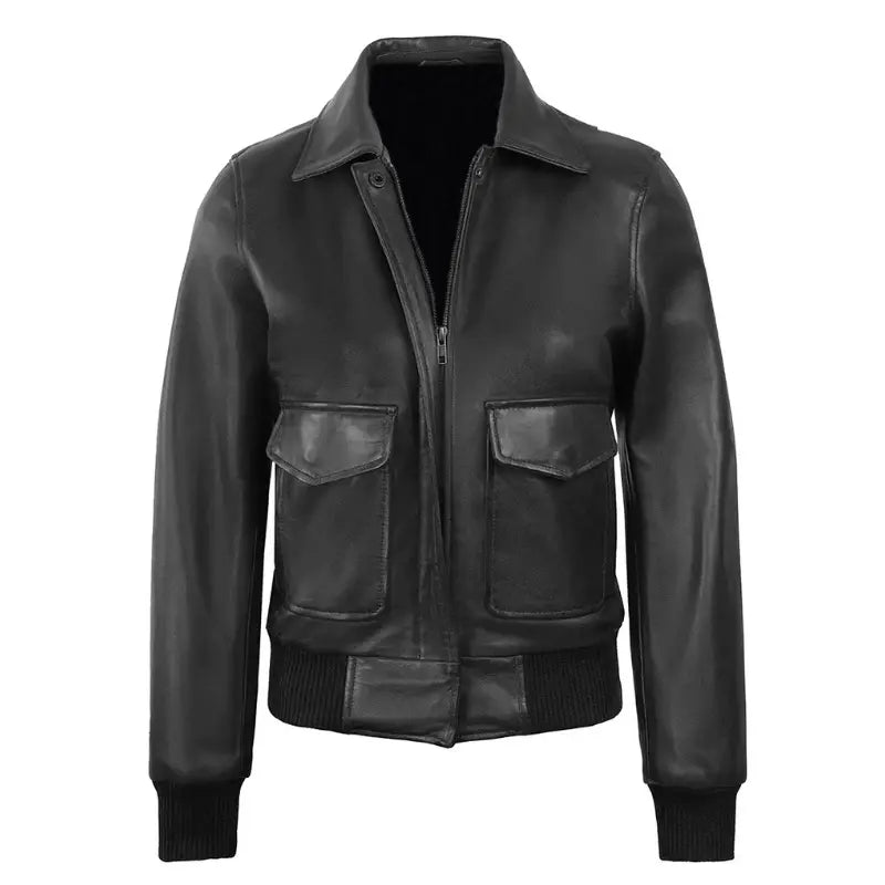 Women's Classic Leather Shirt Collar Bomber Jacket, Zip Front, Ribbed Trim | Black The Stitch Fit