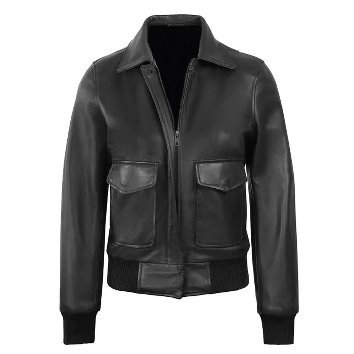 Women's Classic Leather Shirt Collar Bomber Jacket, Zip Front, Ribbed Trim | Black The Stitch Fit