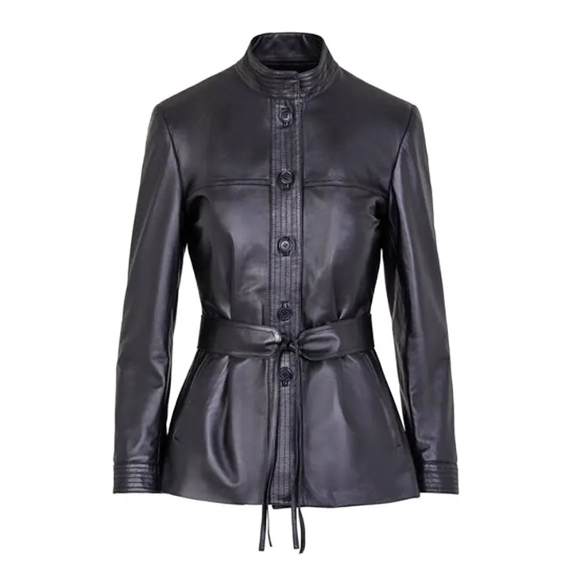 Women's Button Front Leather Jacket with Belt Stand Collar | Black The Stitch Fit
