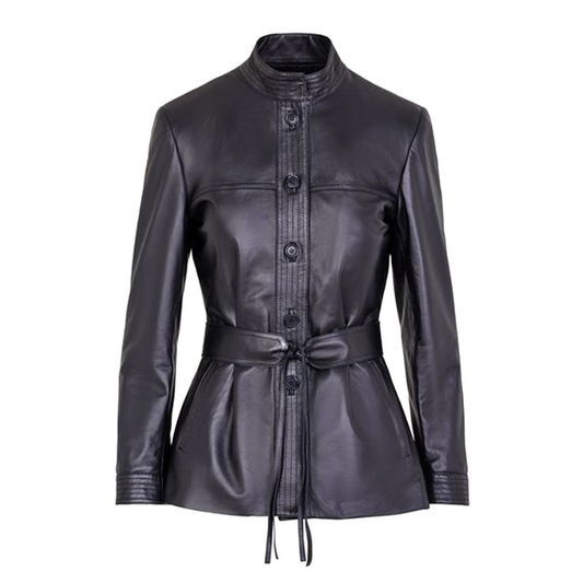 Women's Button Front Leather Jacket with Belt Stand Collar | Black
