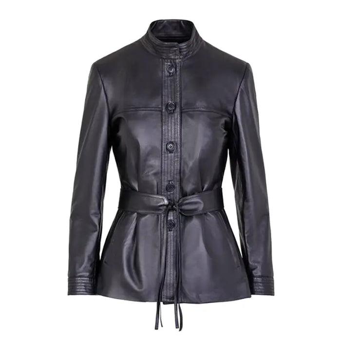 Women's Button Front Leather Jacket with Belt Stand Collar | Black The Stitch Fit