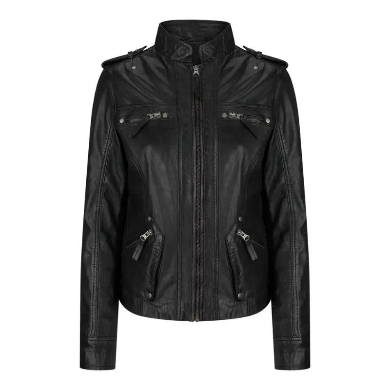 Women's Leather Motorcycle Jacket Multiple Zip Pockets Stand Collar | Black The Stitch Fit