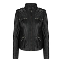 Women's Leather Motorcycle Jacket Multiple Zip Pockets Stand Collar | Black The Stitch Fit