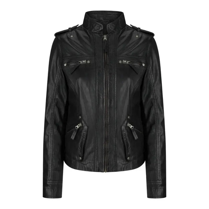 Women's Leather Motorcycle Jacket Multiple Zip Pockets Stand Collar | Black The Stitch Fit