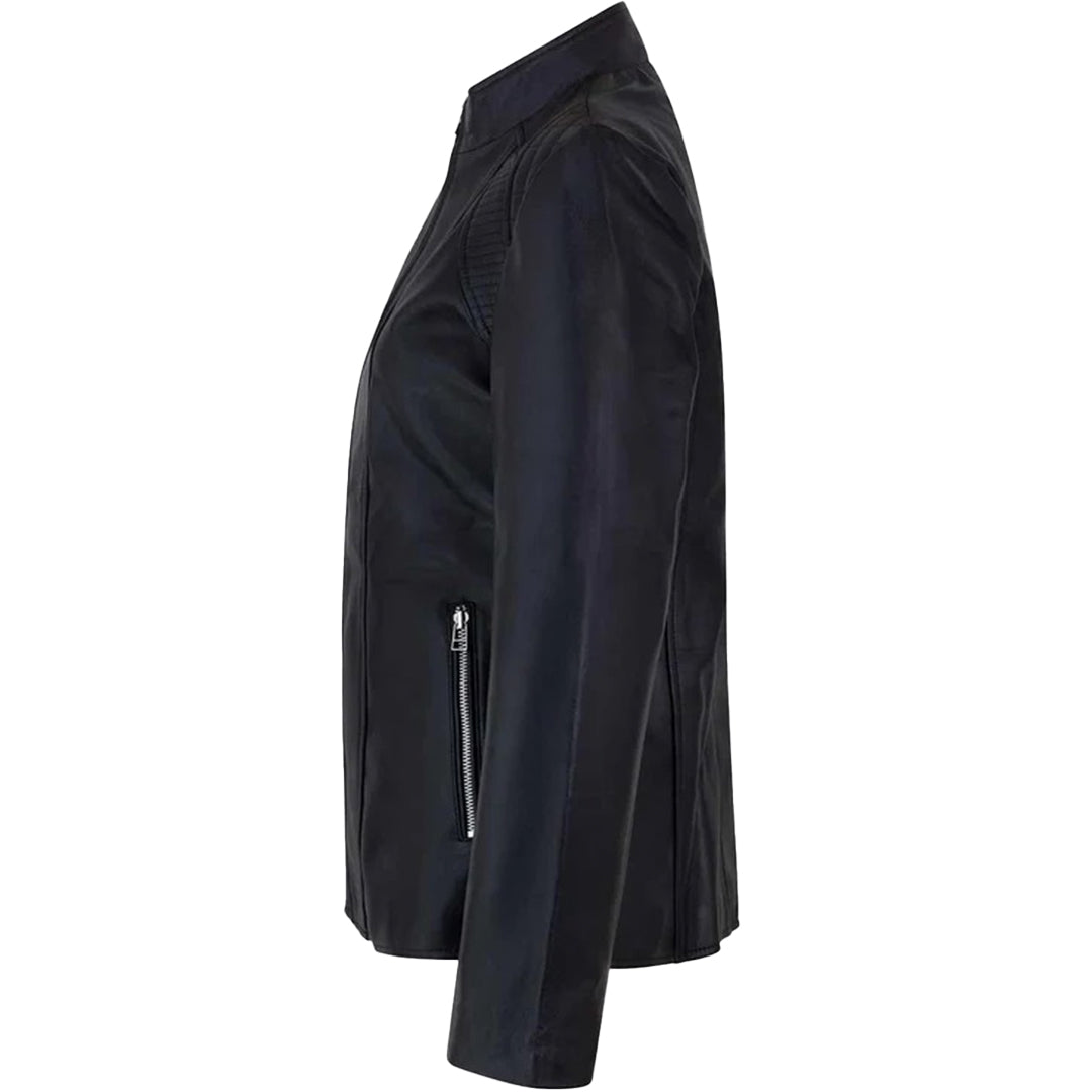 Women's Genuine Café Racer Sheepskin Motorcycle Leather Jacket, YKK Zipper | Black The Stitch Fit