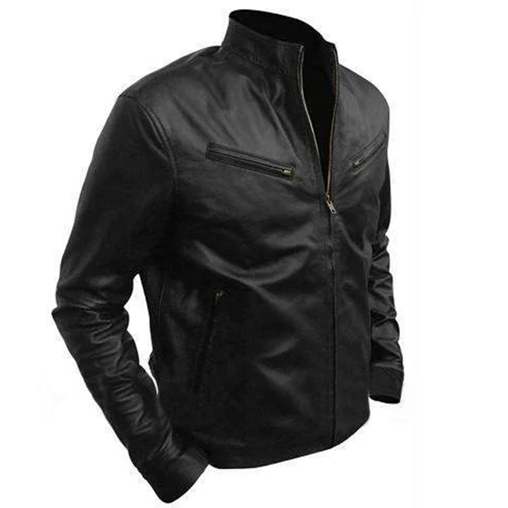 Men's Black Cafe Racer Leather Jacket | Black The Stitch Fit