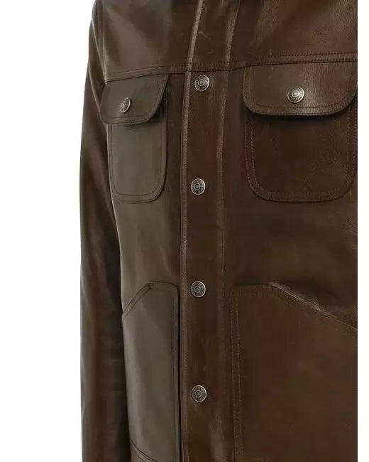 Men's Shiny Leather Jacket with Shearling Collar | Shiny Brown The Stitch Fit