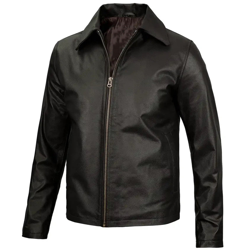 Men's Vintage Harrington Leather Jacket with Shirt Collar | Black The Stitch Fit