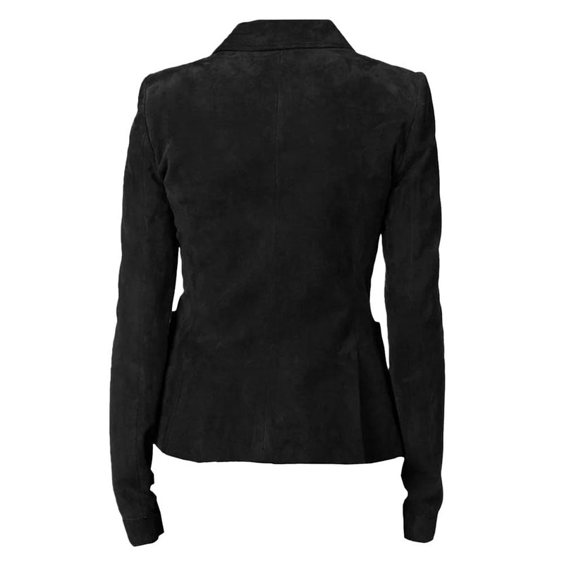 Women's Suede Leather Formal Business Double Breasted Jacket, Notched Lapel Collar | Black The Stitch Fit