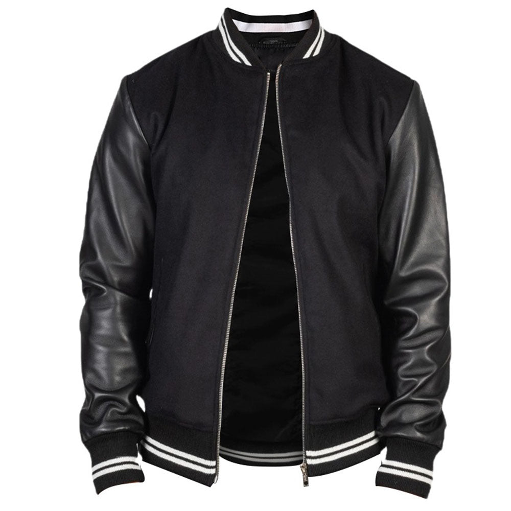 Men's Harrington Bomber Leather Varsity Style Jacket | Black The Stitch Fit