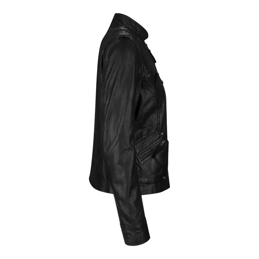 Women's Leather Motorcycle Jacket Multiple Zip Pockets Stand Collar | Black The Stitch Fit