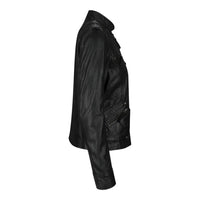 Women's Leather Motorcycle Jacket Multiple Zip Pockets Stand Collar | Black The Stitch Fit