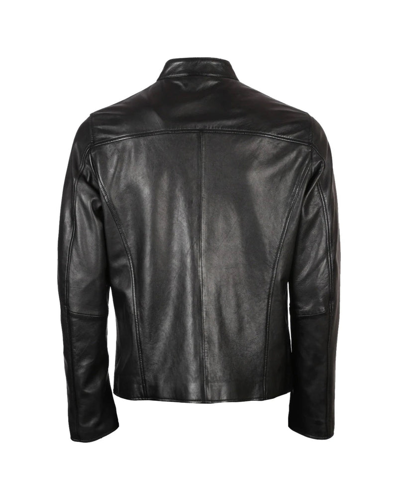 Men's Band Snap Tab Collar Biker Leather Jacket | Black The Stitch Fit