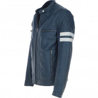 Men's Leather Motorcycle Jacket with Quilted Shoulder & White Stripes | Blue & Black The Stitch Fit