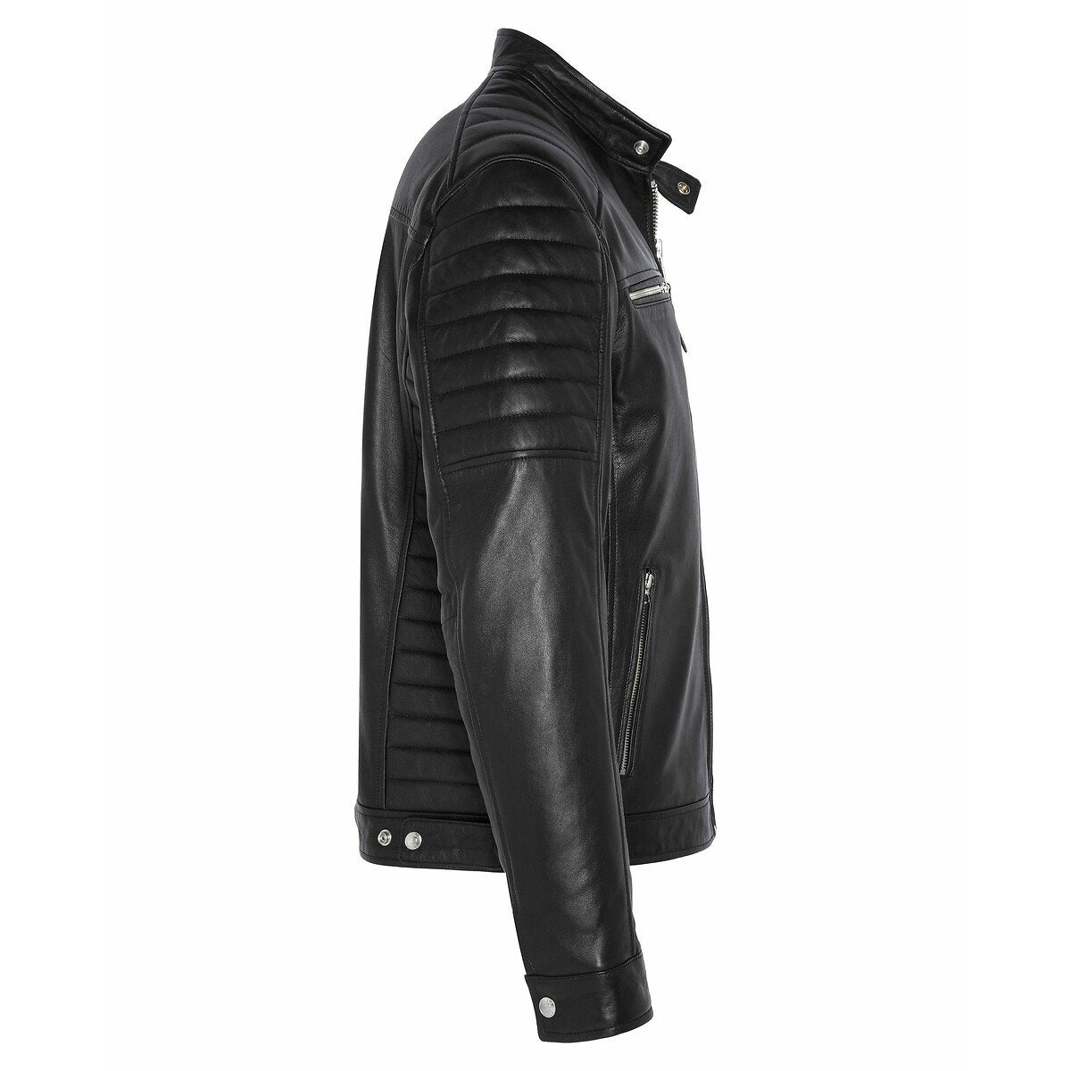 Men's  Leather Jacket with Zippers and Quilted Shoulder | Black The Stitch Fit