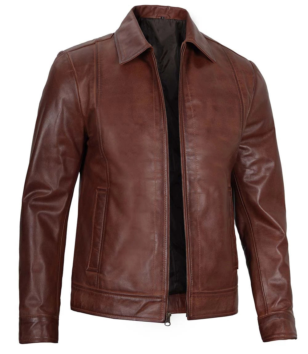 Brown Harrington Genuine leather jacket on a white background

