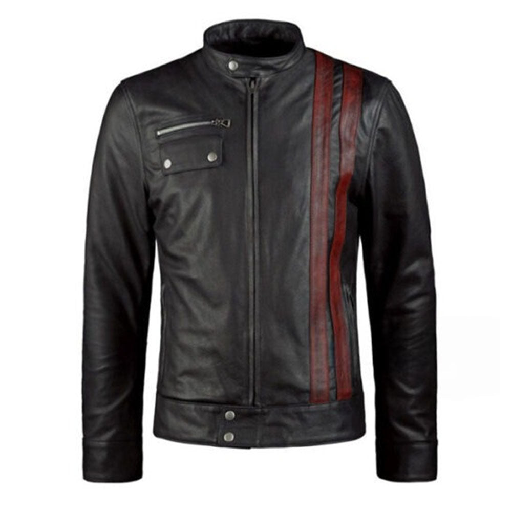 Men's Leather Biker Jacket with Red Stripes, Zip Front | Black