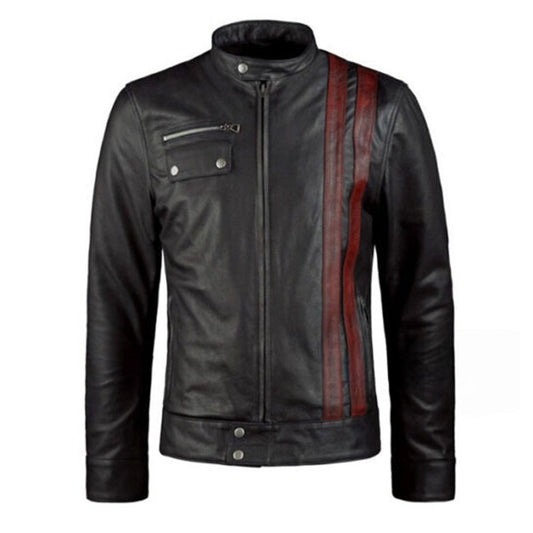 Men's Leather Biker Jacket with Red Stripes, Zip Front | Black