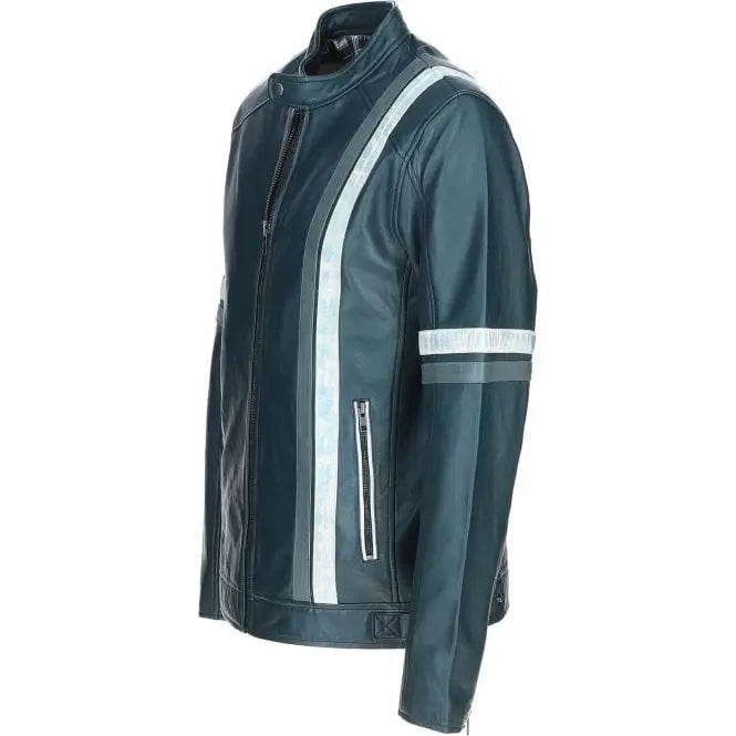 Men's Motorcycle Leather Jacket Gray & White Stripes | Blue & Black The Stitch Fit