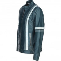 Men's Motorcycle Leather Jacket Gray & White Stripes | Blue & Black The Stitch Fit