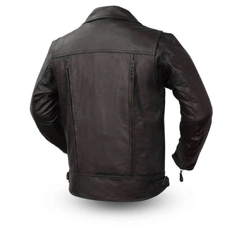 Men's Classic Motorcycle Leather Jacket , Zip Front, Multiple Pockets | Black The Stitch Fit