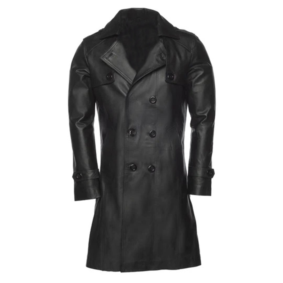 Mens Double Breasted Leather Trench Coat | Black The Stitch Fit