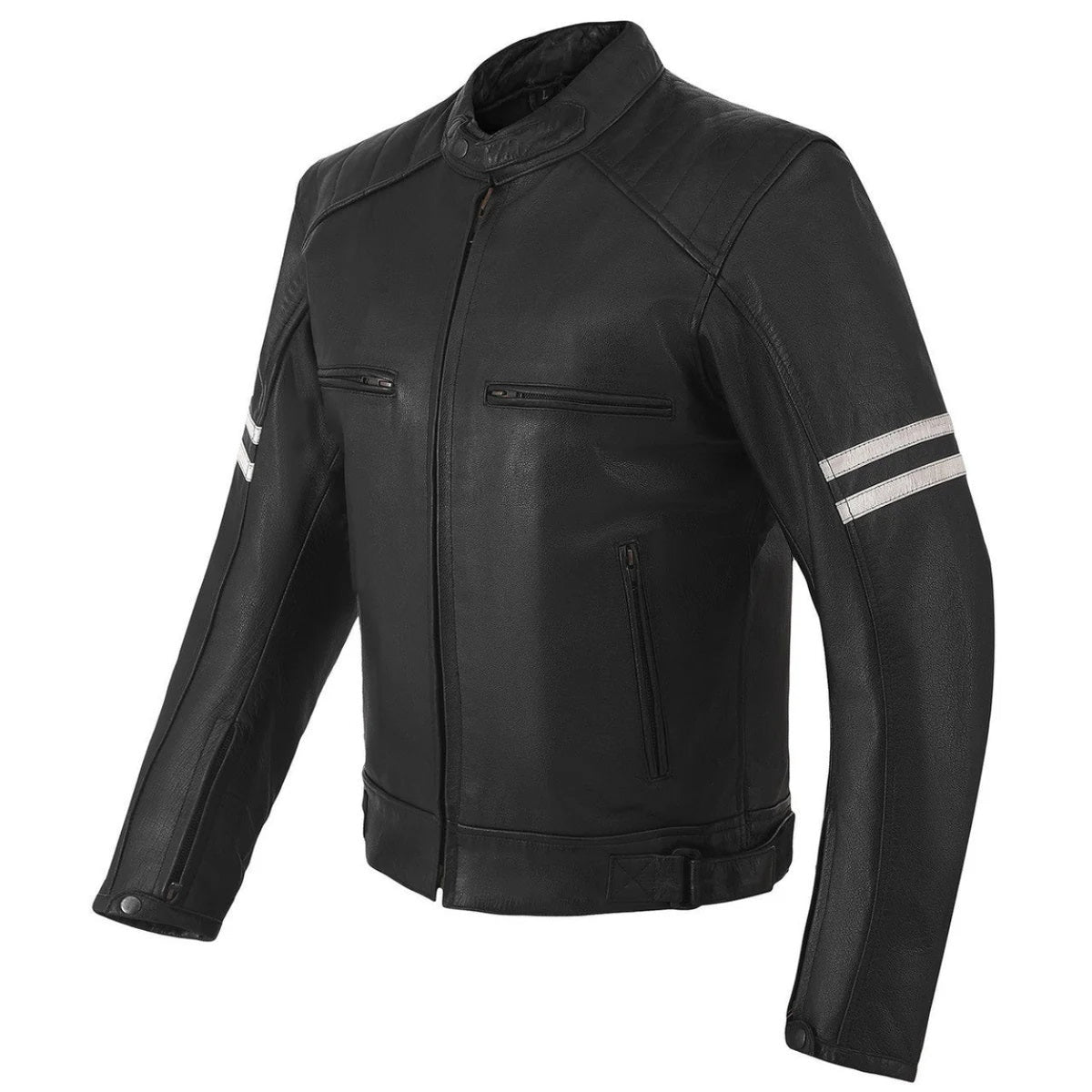 Men's Motor Cycle Leather Jacket with white Stripes Black Shoulders | Black The Stitch Fit
