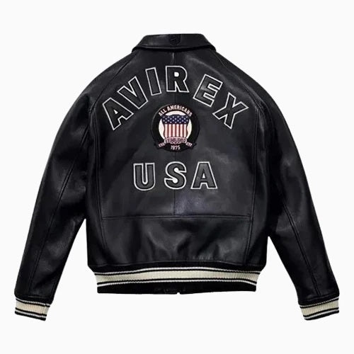 Men's Avirex Real Leather Jacket, Black Flight Bomber, American Varsity Style | Black The Stitch Fit