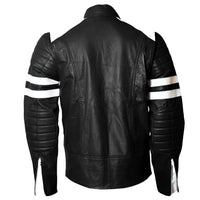 Men's Retro Cafe Racer Leather Jacket, Classic Fit, with White Stripes | Black The Stitch Fit