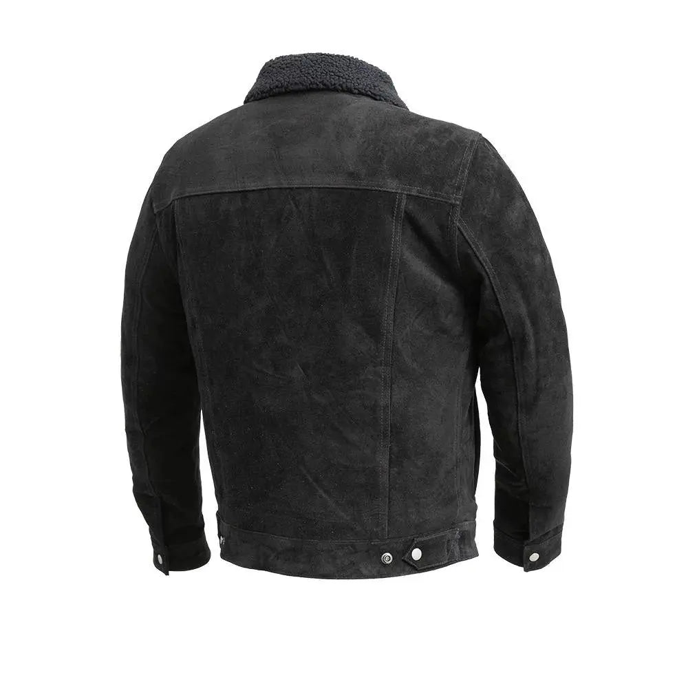 Men's Sherpa Collar Suede Trucker Leather Jacket | Black The Stitch Fit
