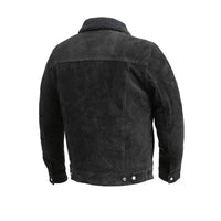 Men's Sherpa Collar Suede Trucker Leather Jacket | Black The Stitch Fit