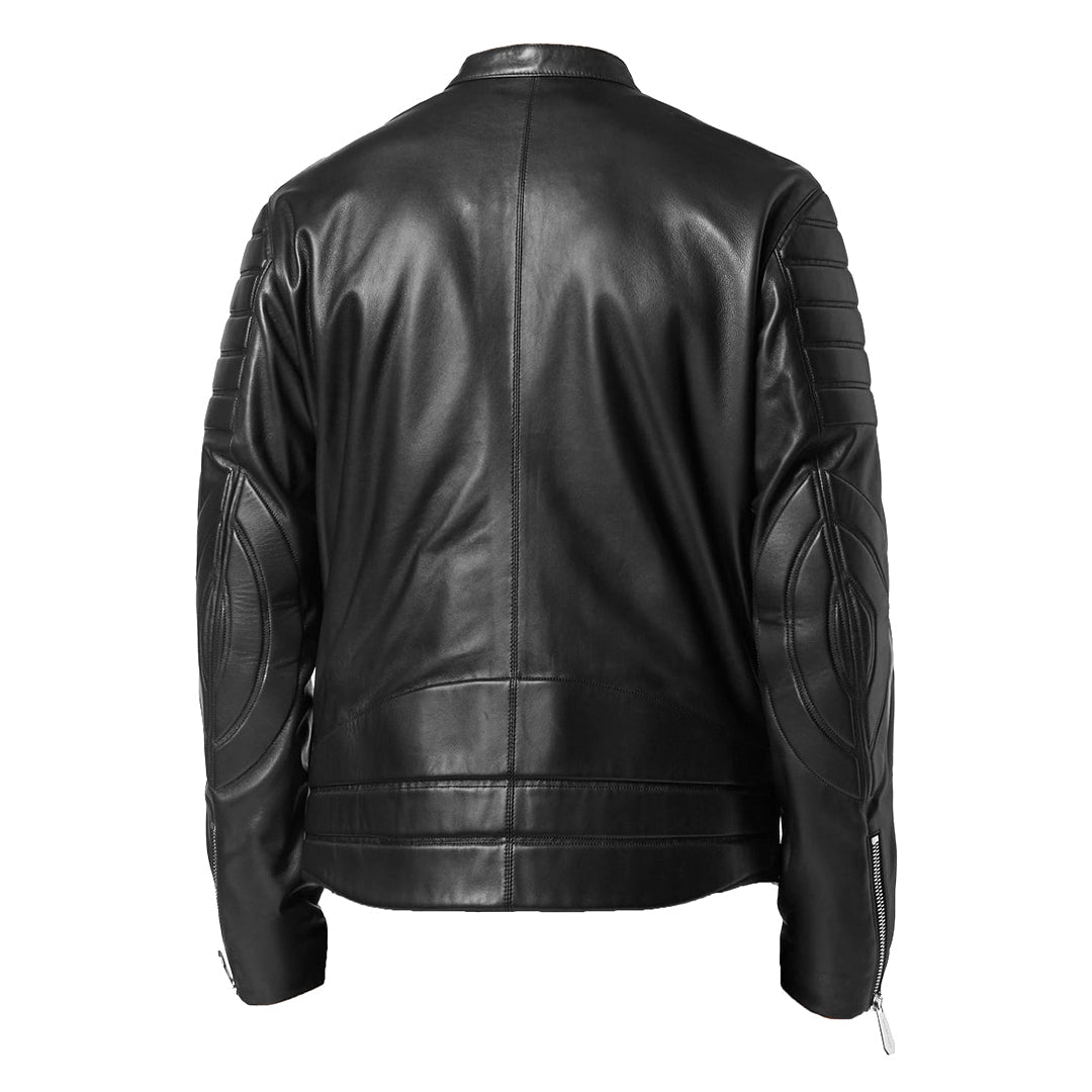 Men's Motorcycle Style Leather Jacket Quilted Sleeves Full Zip Front Multiple Pockets | Black The Stitch Fit