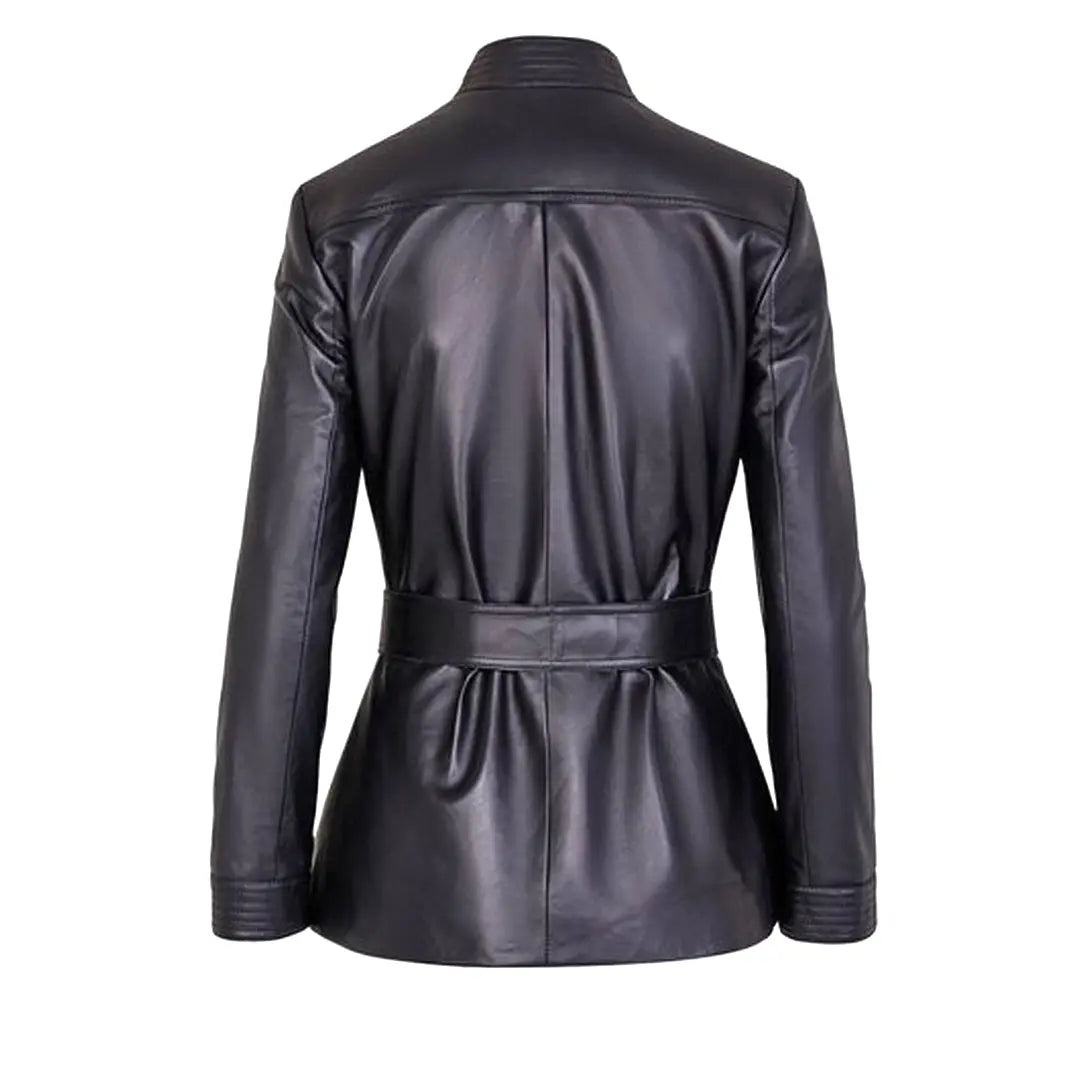 Women's Button Front Leather Jacket with Belt Stand Collar | Black The Stitch Fit