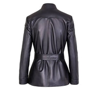 Women's Button Front Leather Jacket with Belt Stand Collar | Black The Stitch Fit
