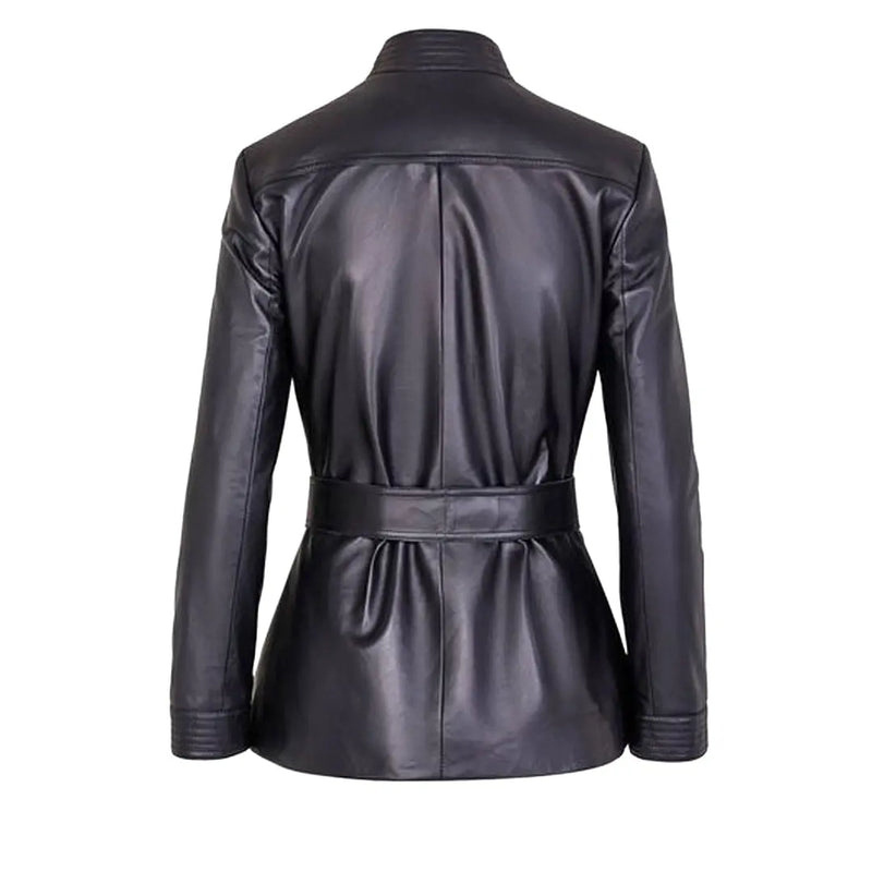 Women's Button Front Leather Jacket with Belt Stand Collar | Black The Stitch Fit