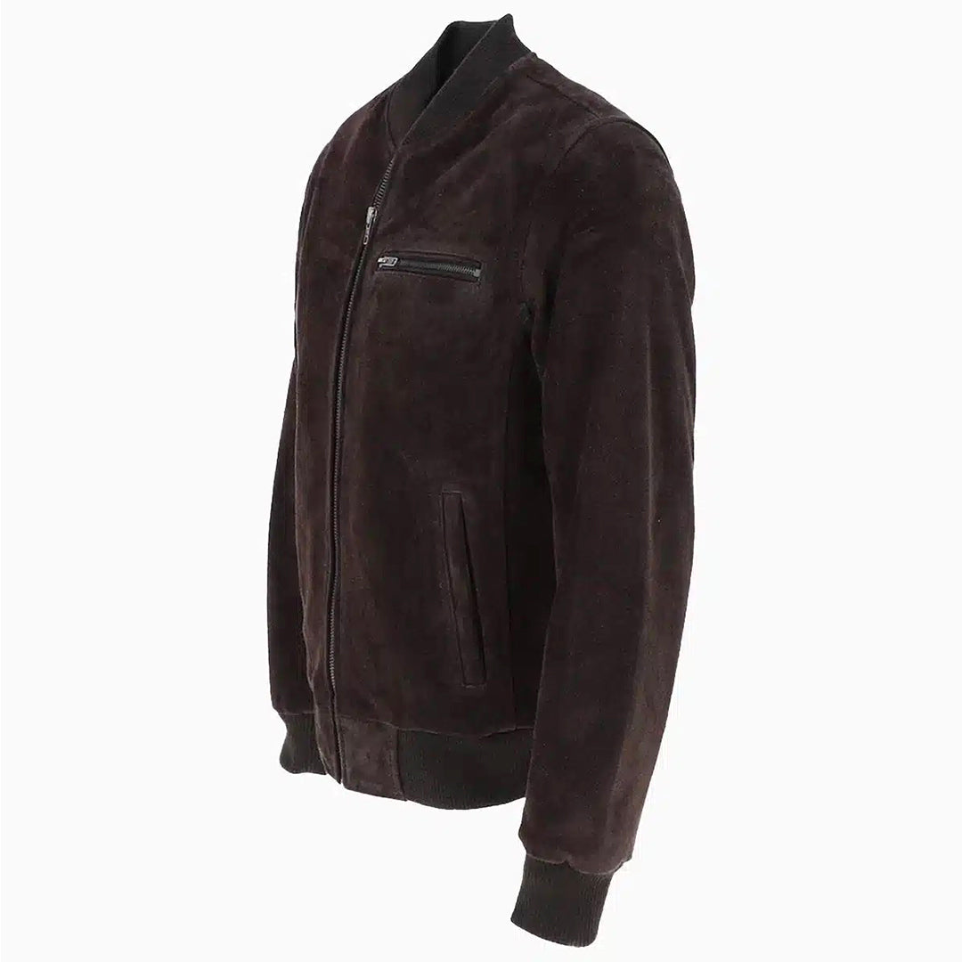 Men's Suede Bomber Jacket  Leather, Full Zip Front with Chest Pocket | Brown
