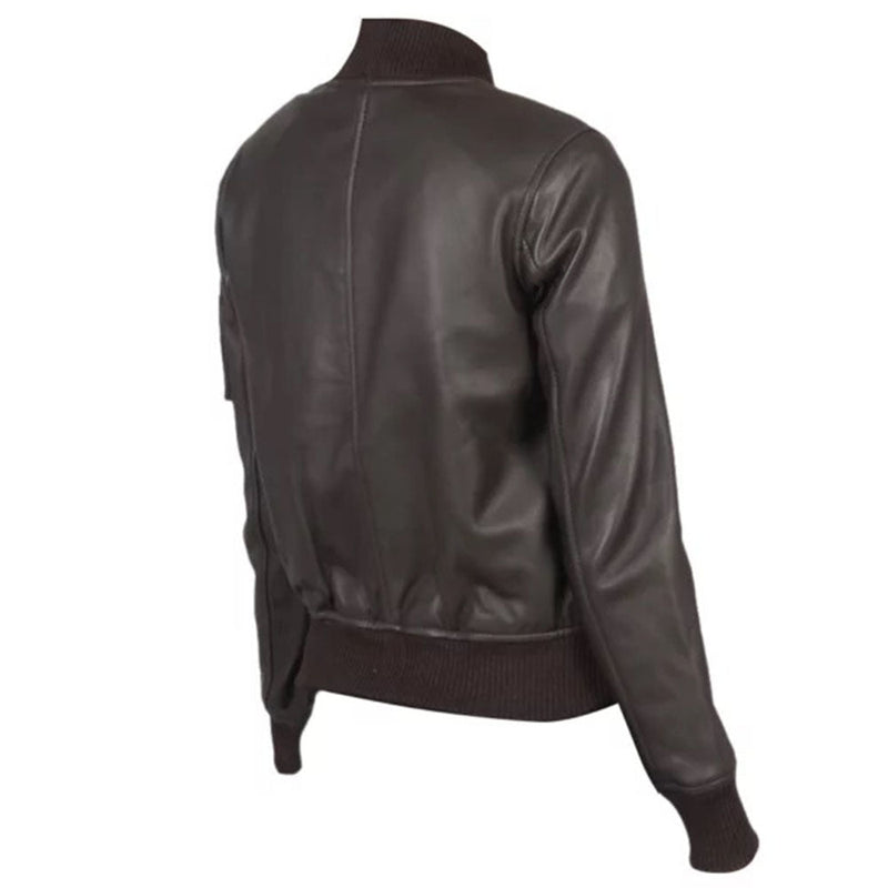 Women's Classy Bomber Biker Leather Jacket, Zip Front, Sleeve Pocket, YKK Zipper | Brown The Stitch Fit