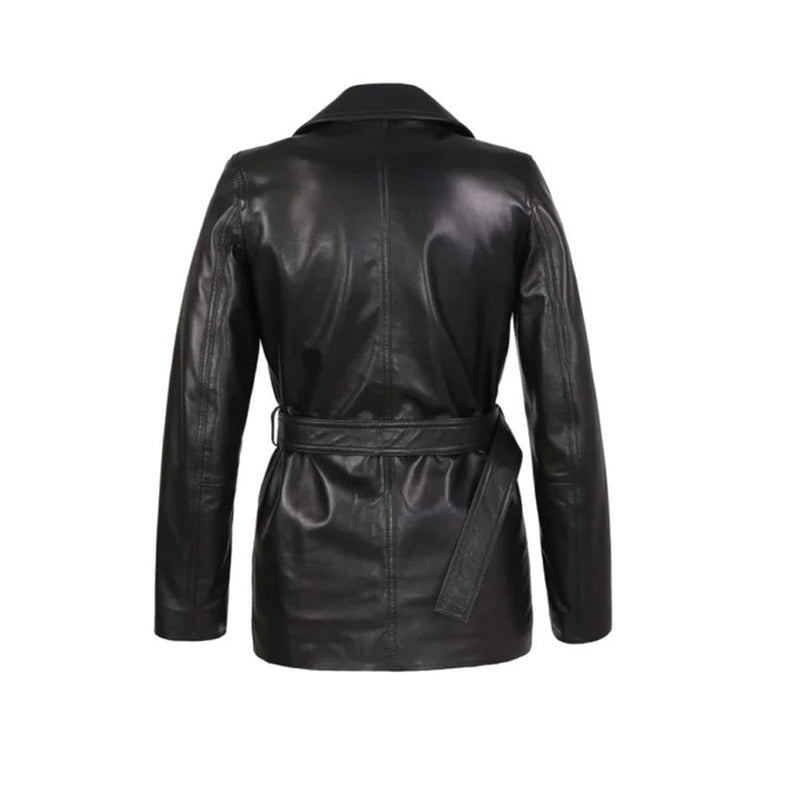 Women's Double-Breasted Leather Trench Coat, Belted Waist | Black The Stitch Fit
