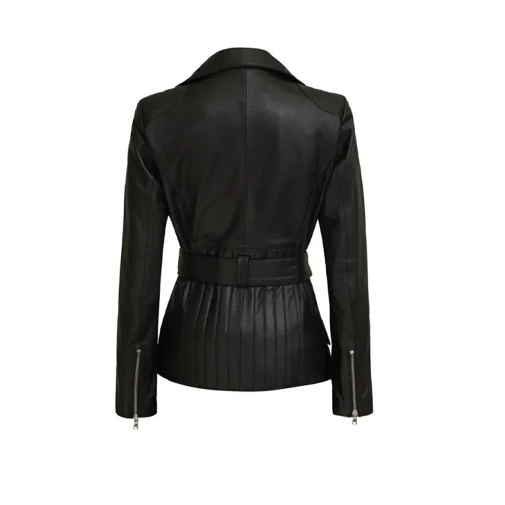 Women's Café Racer Leather Jacket, Belted Waist, Black, Asymmetrical Zip | Black The Stitch Fit