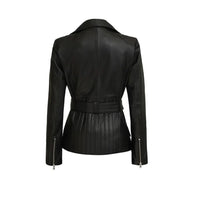 Women's Café Racer Leather Jacket, Belted Waist, Black, Asymmetrical Zip | Black The Stitch Fit